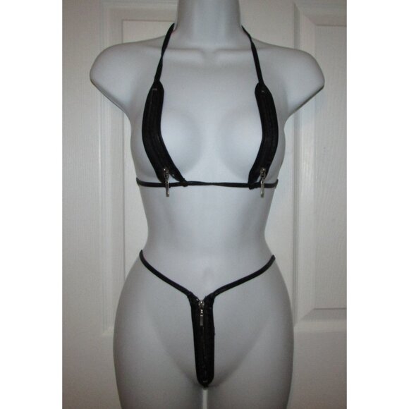 Black Micro Zippered Top Skimpy String Thong Bikini - NEW - Picture 1 of 6